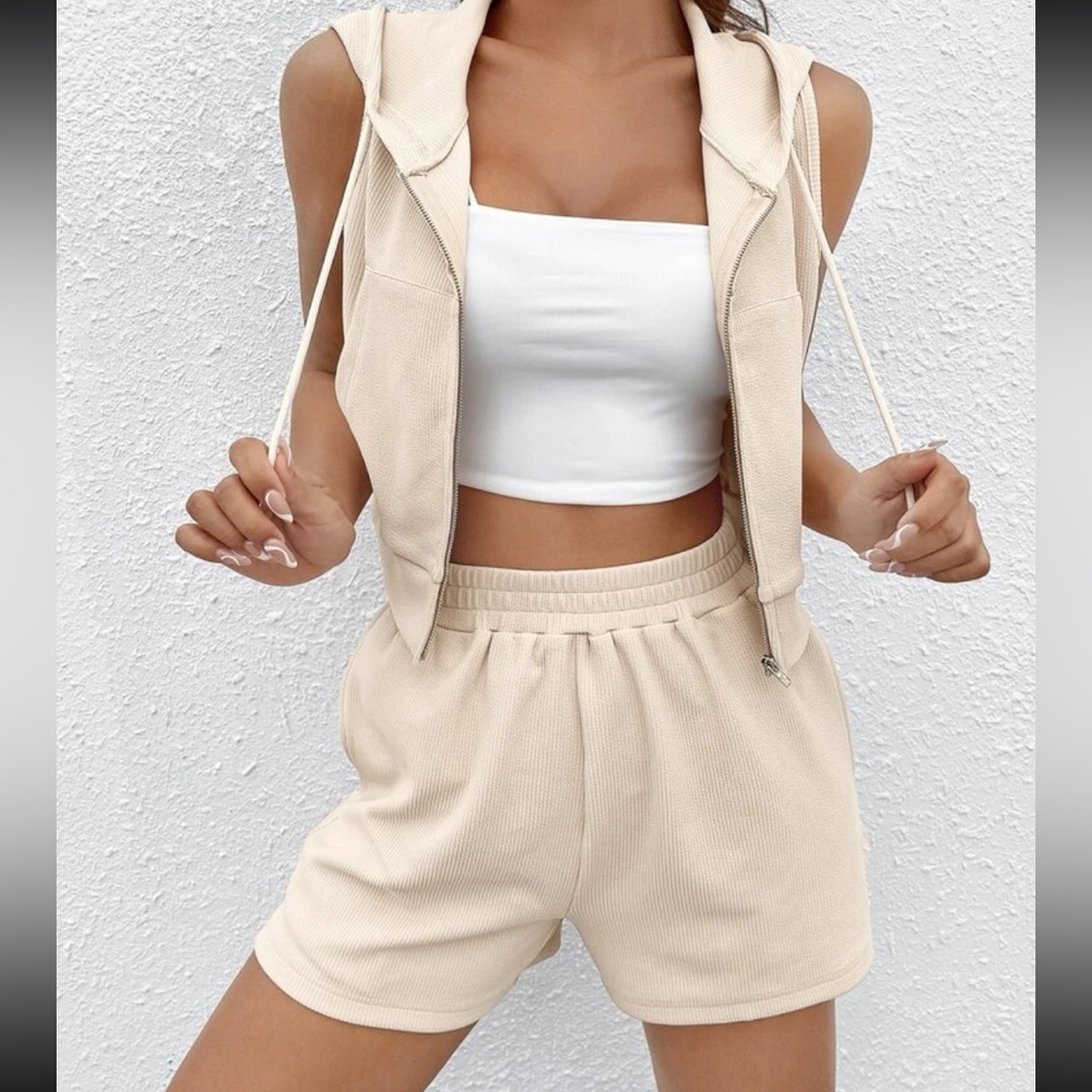Drawstring Hooded Vest Jacket & Shorts